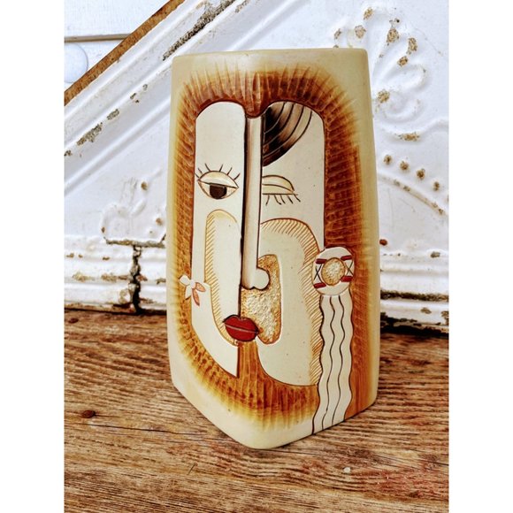 Vintage MCM Picasso Style Two Sided Vase Split Face And Tribal Women Rowing Boat - Picture 7 of 13